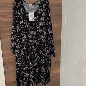 Love Fire Floral Tiered Long Sleeve Dress - Black with Blue  Flowers Belks 4X